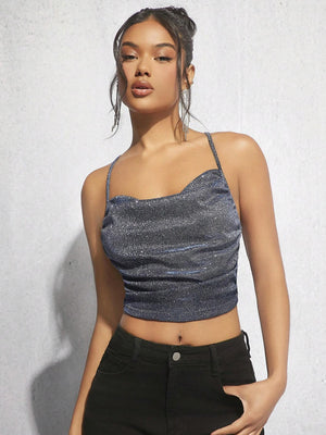 BAE Draped Crisscross Backless Ruched Glitter Cami Top - Negative Apparel