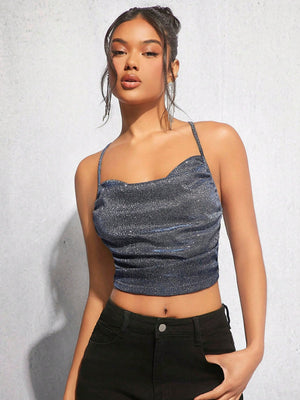 BAE Draped Crisscross Backless Ruched Glitter Cami Top - Negative Apparel