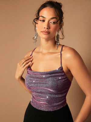 BAE Draped Crisscross Backless Ruched Glitter Cami Top - Negative Apparel