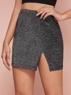 BAE Glitter High-Rise Slit Mini Skirt - Negative Apparel
