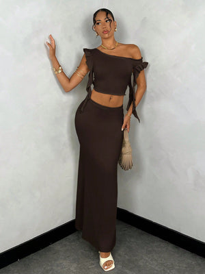 BAE Summer Solid Color Asymmetrical Neck Ruffle Top + Satin Mermaid Skirt - Negative Apparel