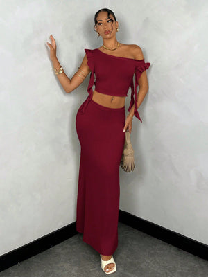 BAE Summer Solid Color Asymmetrical Neck Ruffle Top + Satin Mermaid Skirt - Negative Apparel