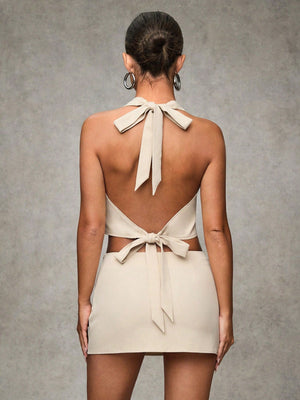 BAE Women Khaki Solid Color Retro Casual Commuter Versatile Halter Tie Back Blouse And Low Waist Mini Skirt 2Pcs Outfit Set - Negative Apparel