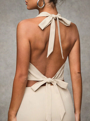 BAE Women Khaki Solid Color Retro Casual Commuter Versatile Halter Tie Back Blouse And Low Waist Mini Skirt 2Pcs Outfit Set - Negative Apparel