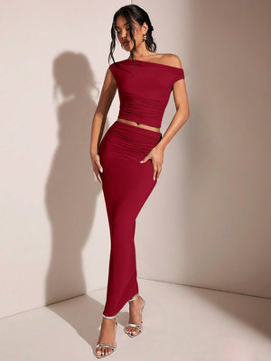 BAE Women's Asymmetric Neck Asymmetrical Neck Top And Pleated Elegant Skirt Set - Negative Apparel