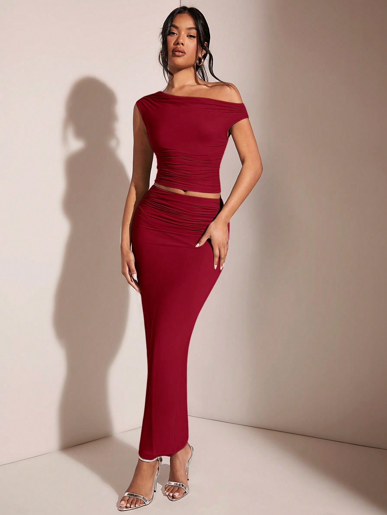 BAE Women's Asymmetric Neck Asymmetrical Neck Top And Pleated Elegant Skirt Set - Negative Apparel