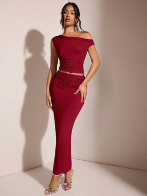 BAE Women's Asymmetric Neck Asymmetrical Neck Top And Pleated Elegant Skirt Set - Negative Apparel