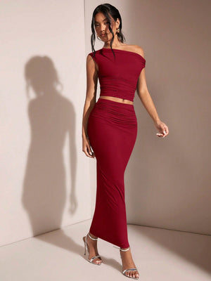 BAE Women's Asymmetric Neck Asymmetrical Neck Top And Pleated Elegant Skirt Set - Negative Apparel