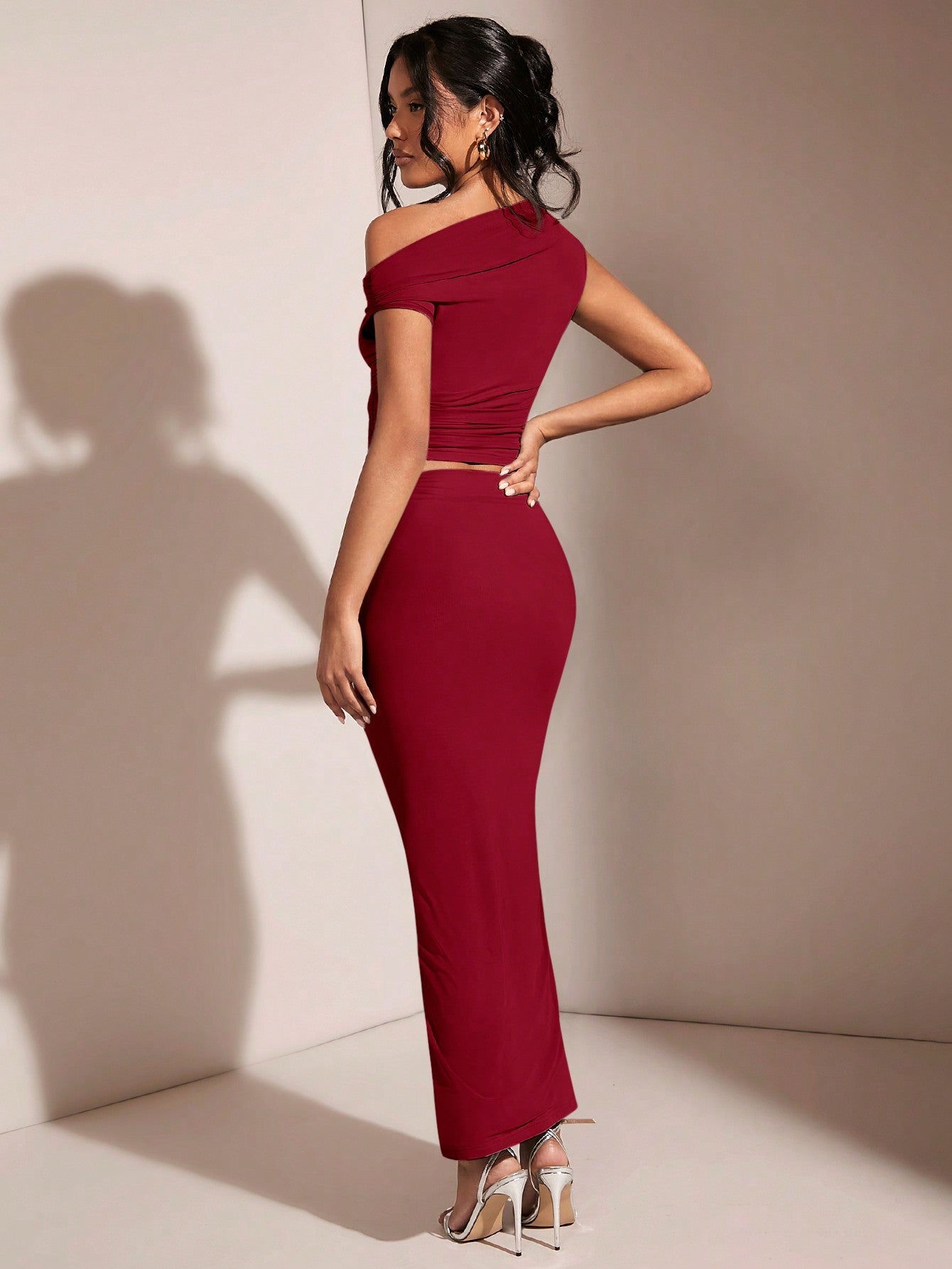 BAE Women's Asymmetric Neck Asymmetrical Neck Top And Pleated Elegant Skirt Set - Negative Apparel