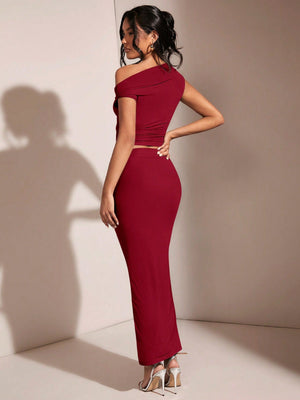 BAE Women's Asymmetric Neck Asymmetrical Neck Top And Pleated Elegant Skirt Set - Negative Apparel