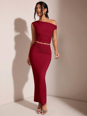 BAE Women's Asymmetric Neck Asymmetrical Neck Top And Pleated Elegant Skirt Set - Negative Apparel