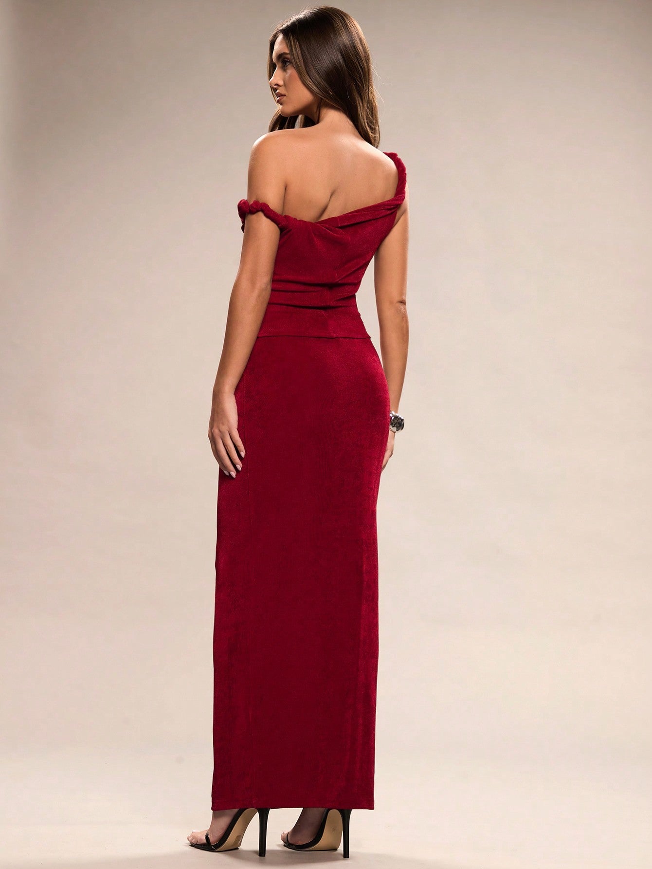 BAE Women's Elegant Holiday Burgundy Off - Shoulder Knot Design Knitted Two - Piece Suit Beach Outfit - Negative Apparel