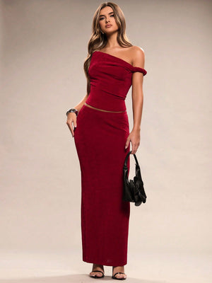 BAE Women's Elegant Holiday Burgundy Off - Shoulder Knot Design Knitted Two - Piece Suit Beach Outfit - Negative Apparel