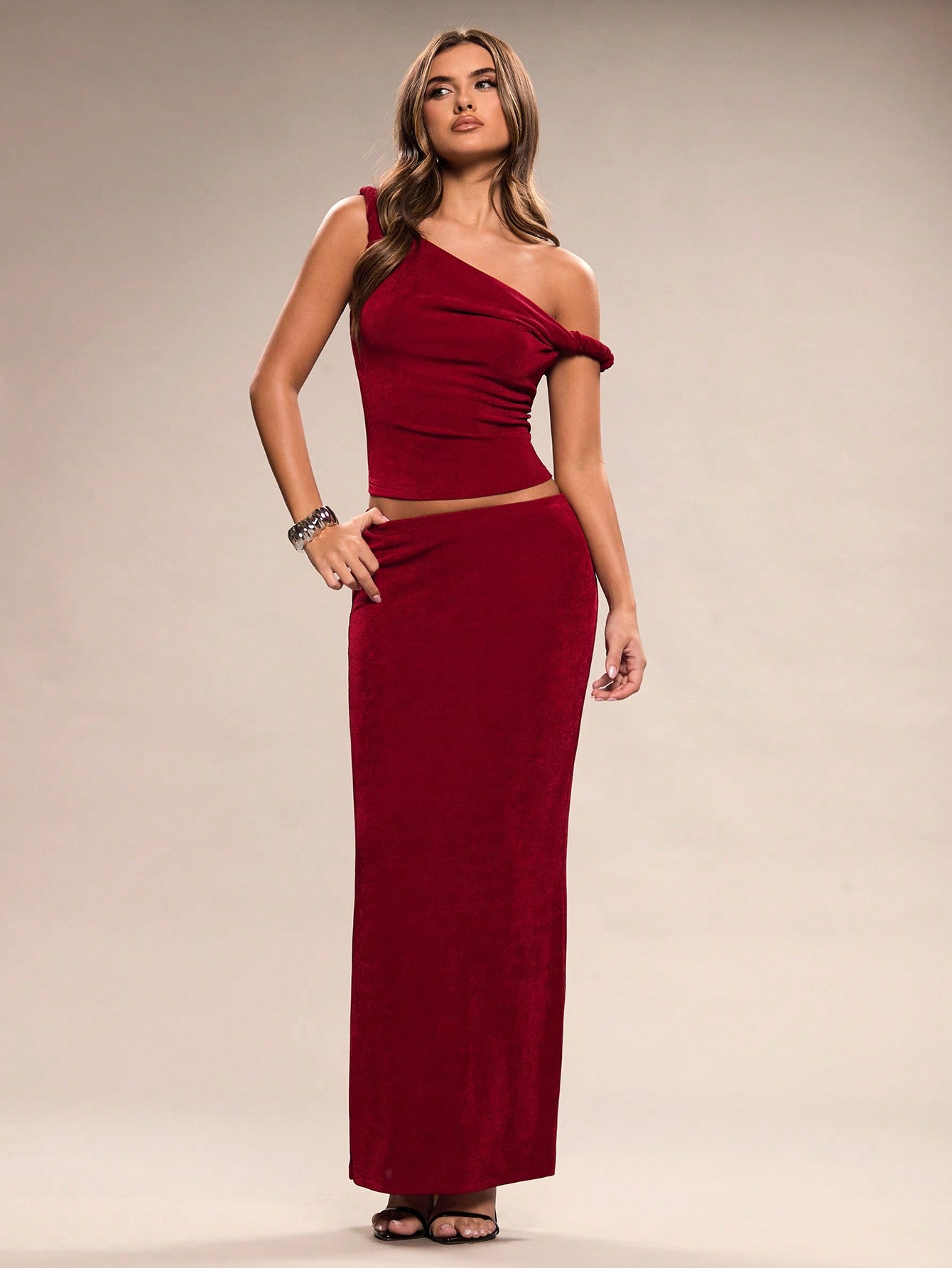 BAE Women's Elegant Holiday Burgundy Off - Shoulder Knot Design Knitted Two - Piece Suit Beach Outfit - Negative Apparel