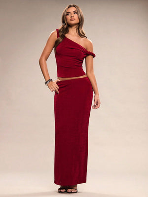 BAE Women's Elegant Holiday Burgundy Off - Shoulder Knot Design Knitted Two - Piece Suit Beach Outfit - Negative Apparel