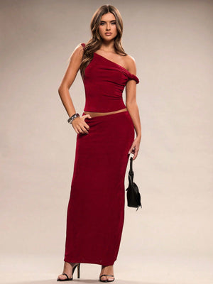 BAE Women's Elegant Holiday Burgundy Off - Shoulder Knot Design Knitted Two - Piece Suit Beach Outfit - Negative Apparel