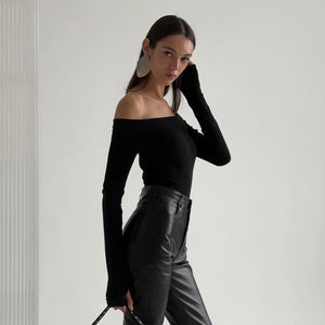 Basic simple solid color one - word collar off - the - shoulder bottoming T-shirt - Negative Apparel