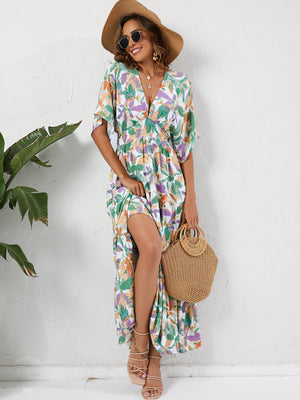 Bat sleeve V - neck waist long skirt beach holiday dress - Negative Apparel