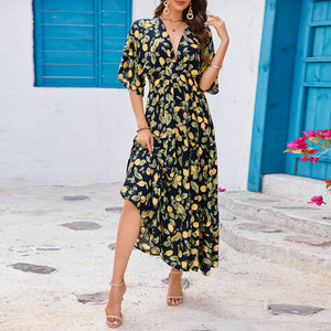 Bat sleeves V - neck waist long dress beach vacation dress women - Negative Apparel