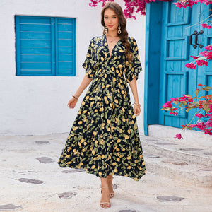 Bat sleeves V - neck waist long dress beach vacation dress women - Negative Apparel