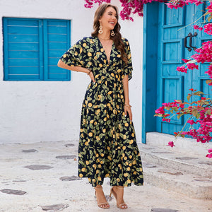 Bat sleeves V - neck waist long dress beach vacation dress women - Negative Apparel