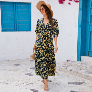 Bat sleeves V - neck waist long dress beach vacation dress women - Negative Apparel