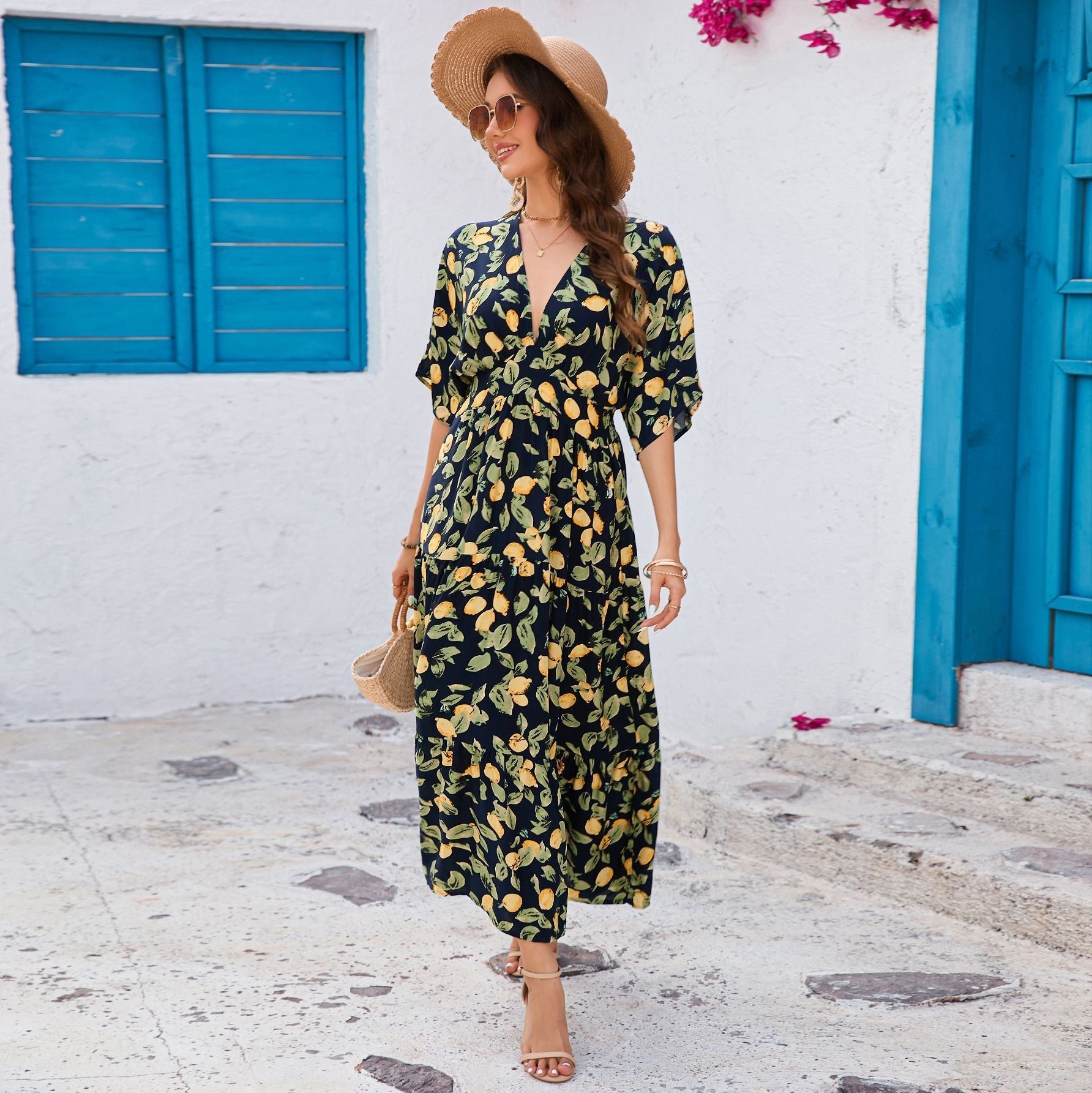 Bat sleeves V - neck waist long dress beach vacation dress women - Negative Apparel