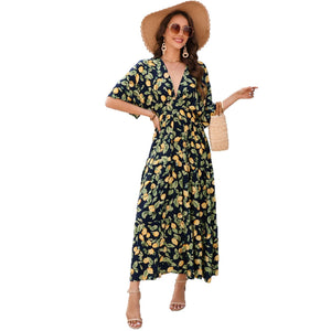 Bat sleeves V - neck waist long dress beach vacation dress women - Negative Apparel