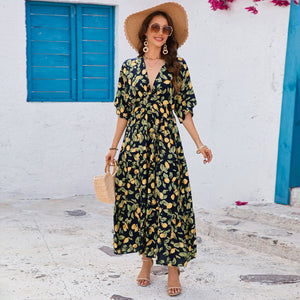 Bat sleeves V - neck waist long dress beach vacation dress women - Negative Apparel