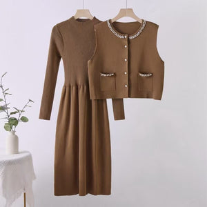 Beaded vest long dress stacked two - piece knitted dress - Negative Apparel