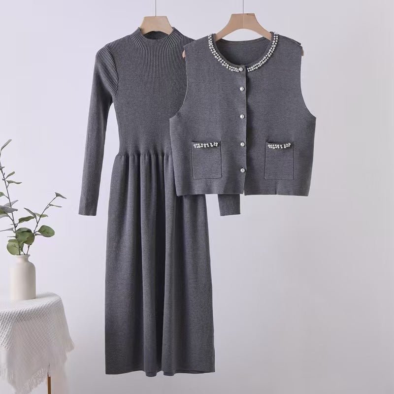 Beaded vest long dress stacked two - piece knitted dress - Negative Apparel