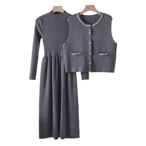 Beaded vest long dress stacked two - piece knitted dress - Negative Apparel