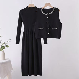 Beaded vest long dress stacked two - piece knitted dress - Negative Apparel