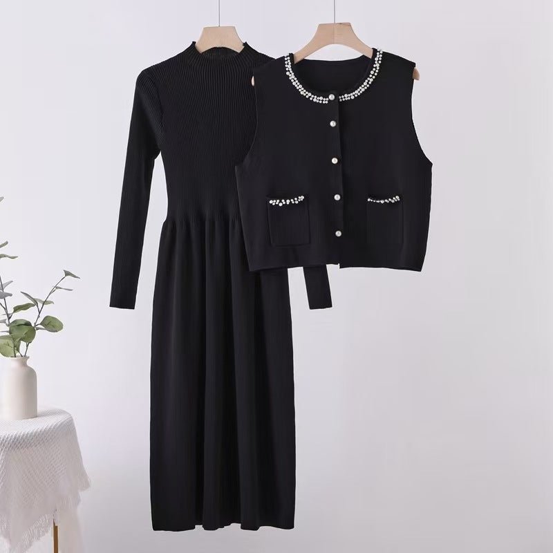 Beaded vest long dress stacked two - piece knitted dress - Negative Apparel