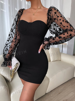 Belle Sweetheart Neck Flounce Sleeve Bodycon Dress - Negative Apparel