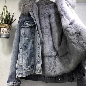 Big fur collar denim jacket women's short body jacket 2025 - Negative Apparel