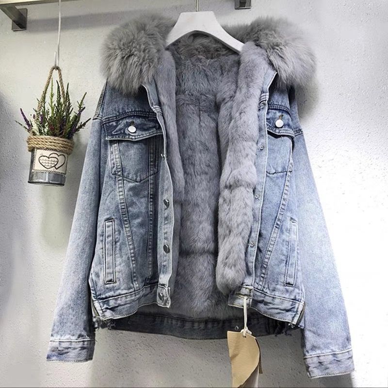 Big fur collar denim jacket women's short body jacket 2025 - Negative Apparel