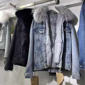 Big fur collar denim jacket women's short body jacket 2025 - Negative Apparel
