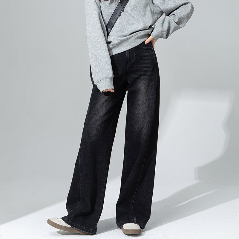 Black and gray high - waisted wide - leg jeans women's 2025 spring new small pear - shaped thin straight floor pants - Negative Apparel