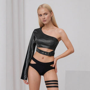 Black collarless shoulder PU leather jacket rock dance irregular short lingerie jacket - Negative Apparel