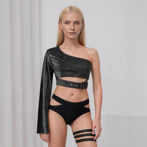 Black collarless shoulder PU leather jacket rock dance irregular short lingerie jacket - Negative Apparel