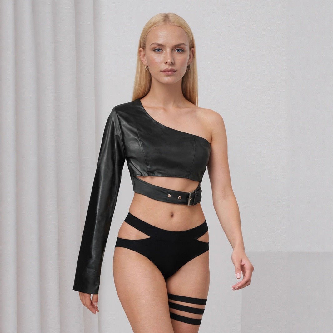 Black collarless shoulder PU leather jacket rock dance irregular short lingerie jacket - Negative Apparel