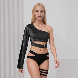 Black collarless shoulder PU leather jacket rock dance irregular short lingerie jacket - Negative Apparel