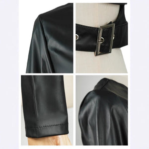 Black collarless shoulder PU leather jacket rock dance irregular short lingerie jacket - Negative Apparel