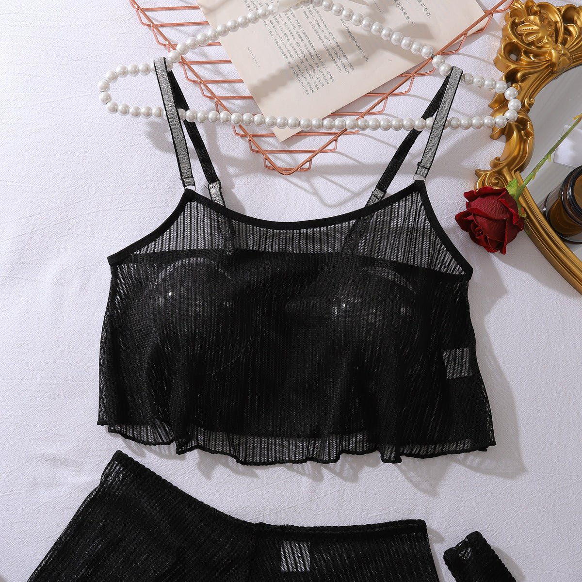 black mesh perspective light and thin comfortable slim sexy underwear split set - Negative Apparel