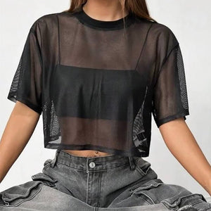 Black mesh short top short sleeve design loose outer blouse - Negative Apparel