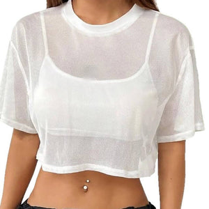 Black mesh short top short sleeve design loose outer blouse - Negative Apparel