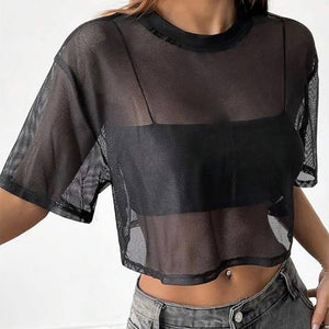 Black mesh short top short sleeve design loose outer blouse - Negative Apparel