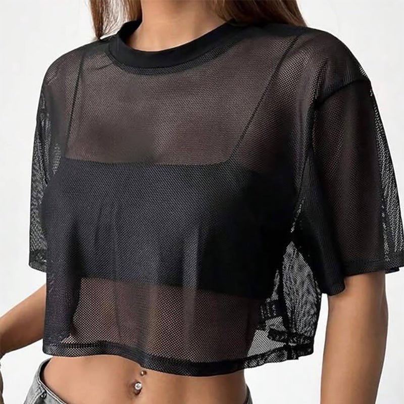 Black mesh short top short sleeve design loose outer blouse - Negative Apparel