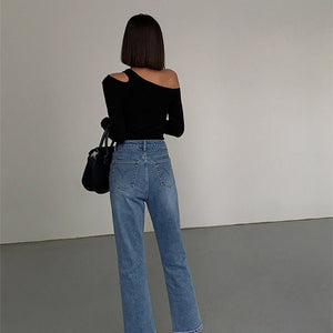 Black sxy one - shoulder off - shoulder bottoming shirt for women, all - match long - sleeved T-shirt, tight - fitting inner strapless clavicle top - Negative Apparel